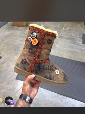Brown Shearling-Lined Suede Boot with Patches